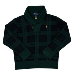 Polo Ralph Lauren Sweatshirt Boys Sz Small Green Blue Tartan Plaid Shawl Collar